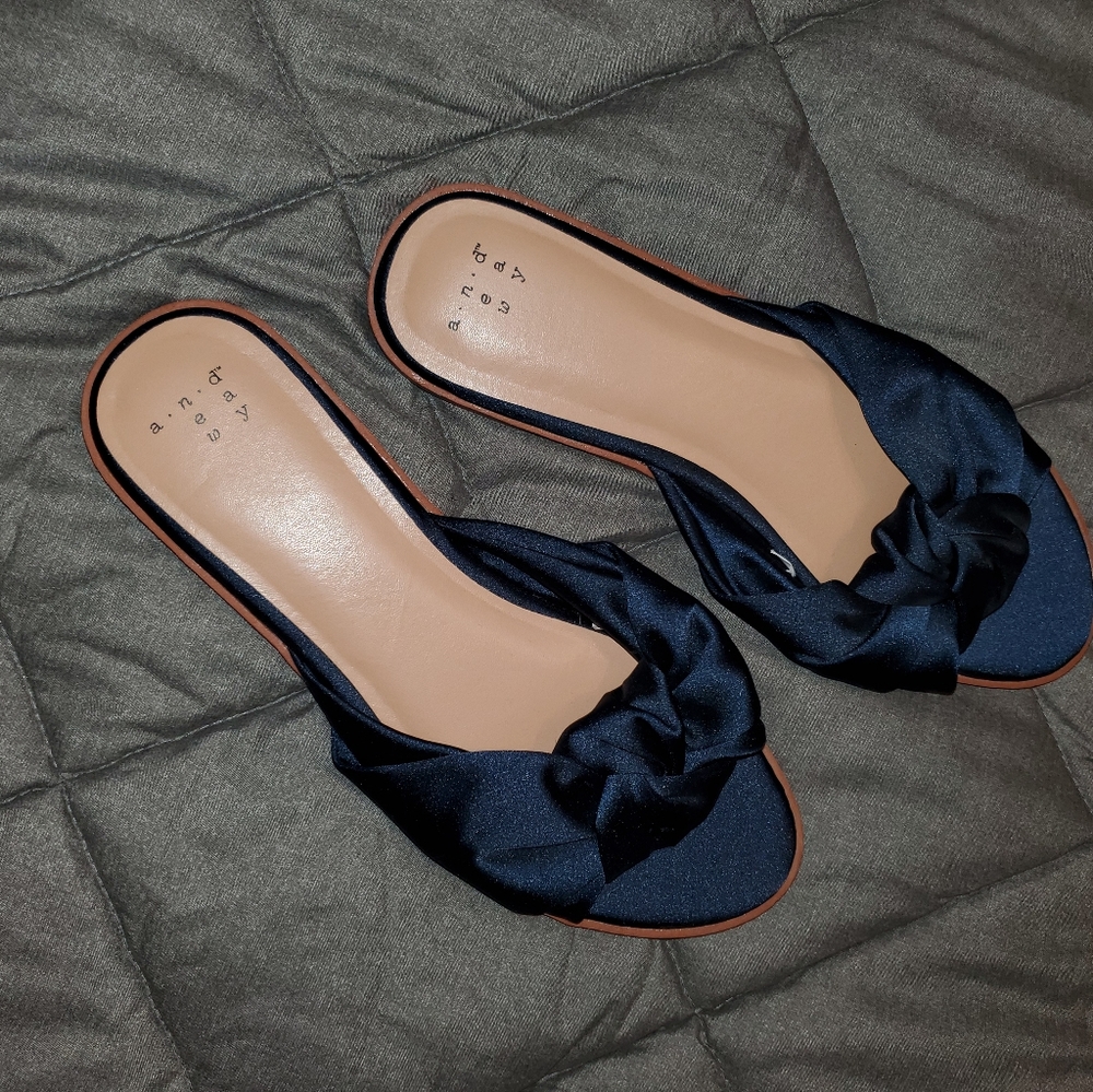 Blue Satin Flat Slip-On Peek-a-Boo Sandals 7.5